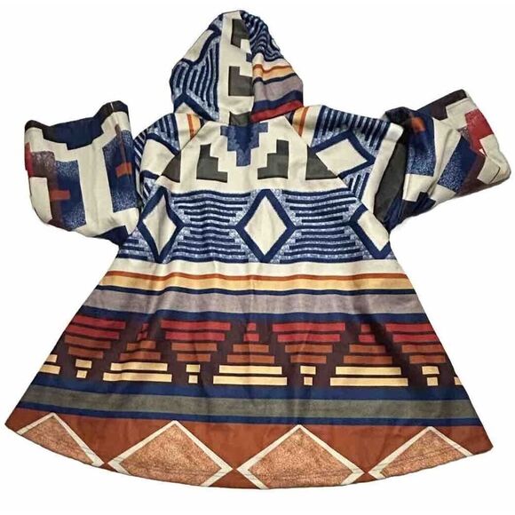 AZTEC PRINT ￼ Womens Hooded Poncho Coat Lined Horn Buttons Closure 3XL Warm - Picture 4 of 15